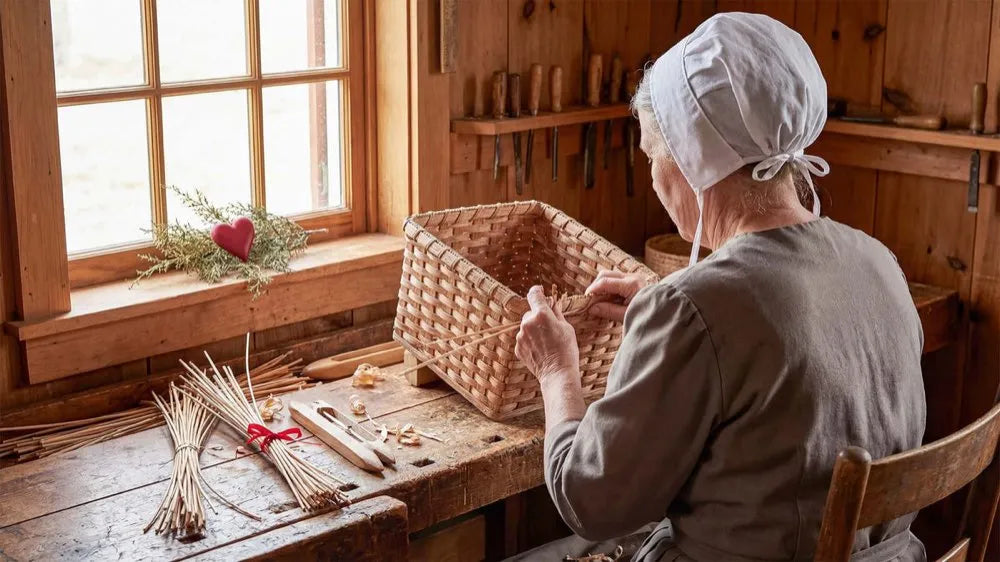 Amish woman weaving a handmade basket by a window